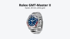 Jam tangan Rolex GMT-Master II dengan bezel dua warna, menunjukkan desain elegan dan fitur dual time zone